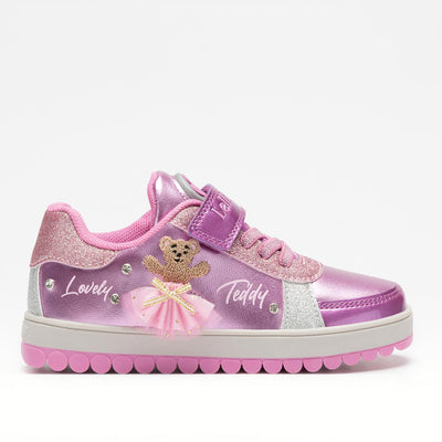 Lelli Kelly girls pink & silver Mille Stelle trainers – glitter finish, Roly Poly sole, teddy bear accessories, musical tongue