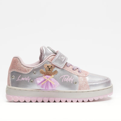 Lelli Kelly girls pink Mille Stelle trainers – glitter finish, Roly sole, tongue light & audio, interchangeable accessories, boutique shoes