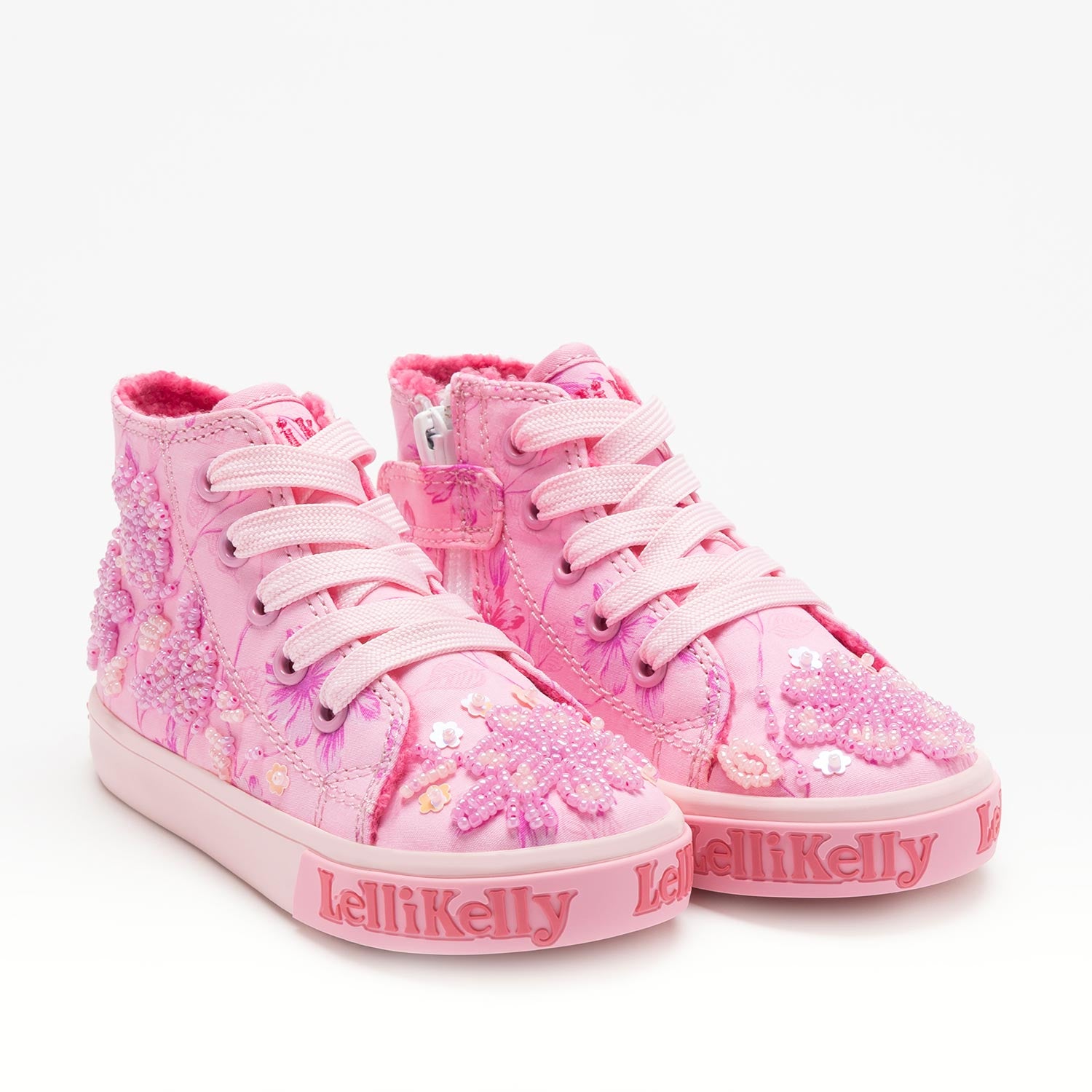 Close-up of pink and lilac beaded flowers on Lelli Kelly trainers
