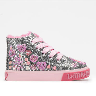 Step up your little girl's fashion game with these Lelli Kelly Dafne Mid Top baseball trainers. The pewter silver flat glitter with pink beading gives it a unique touch. The pink faux curly fleece lining adds warmth and comfort, while the easy-to-adjust front laces and inside zip make it easy to fit. The non-slip sole with logo and cushioned insole provide maximum comfort. Plus, each pair comes with a free Lelli Kelly gift. Bigger kids version also available.

Please note over time the beads may fall off - 