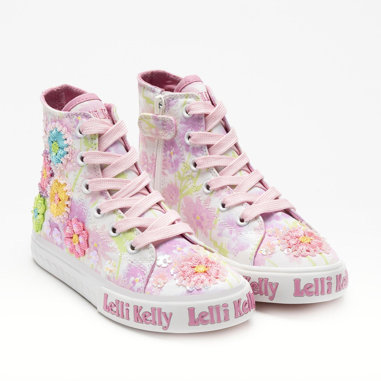 Lelli Kelly Eloise Mid Bianco Fantasia Canvas Baseball Boots with floral embroidery and beaded detail.
