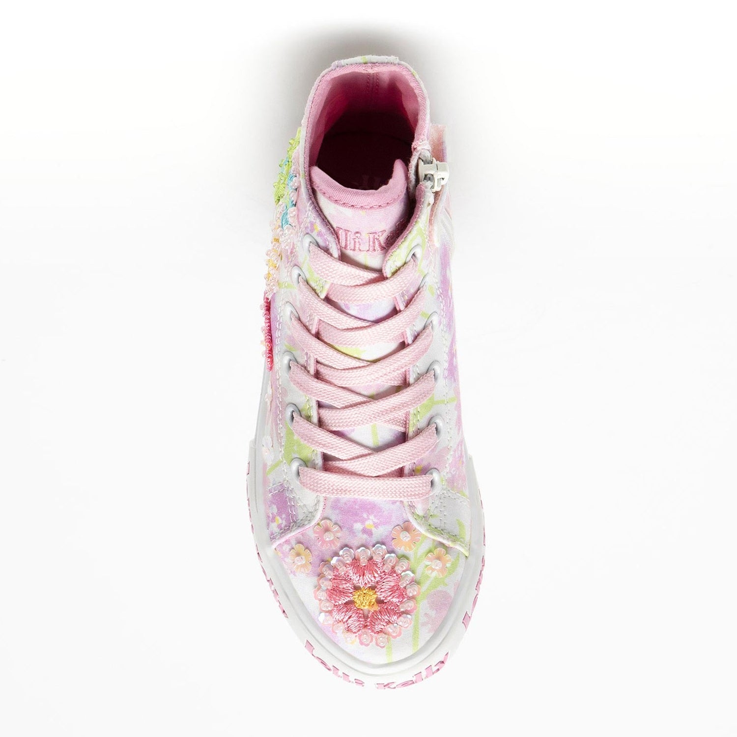 Lelli Kelly Eloise Mid Bianco Fantasia Canvas Baseball Boots with floral embroidery and beaded detail.