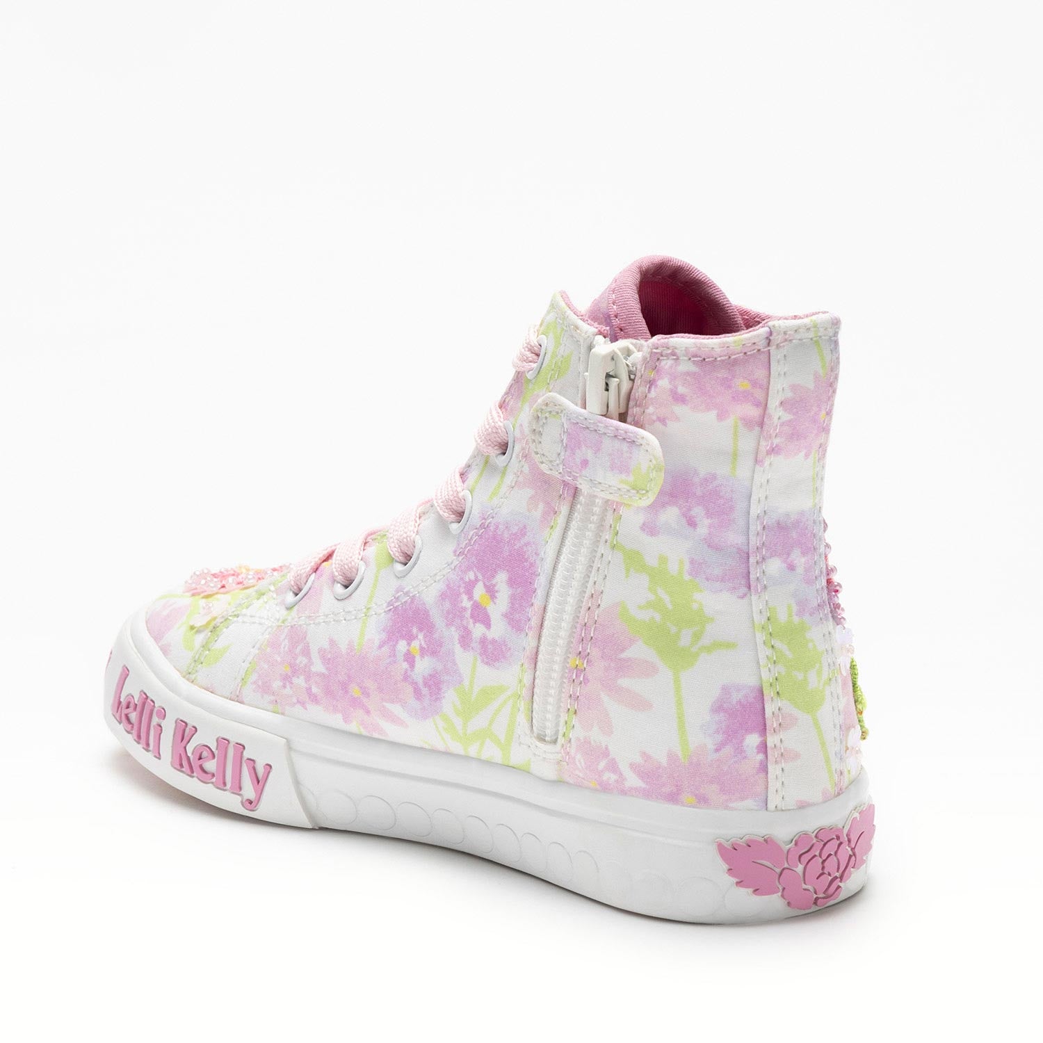 Lelli Kelly Eloise Mid Bianco Fantasia Canvas Baseball Boots with floral embroidery and beaded detail.