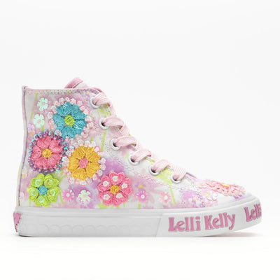 Lelli Kelly Eloise Mid Bianco Fantasia Canvas Baseball Boots with floral embroidery and beaded detail.