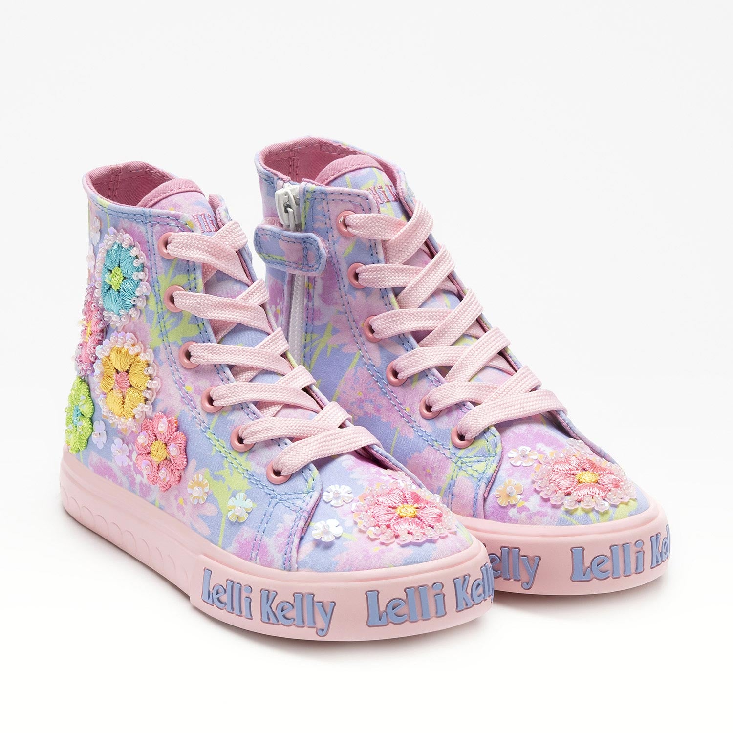 Lelli Kelly Eloise Mid Lilla Fantasia Canvas Baseball Boots with floral embroidery and beaded detailing.