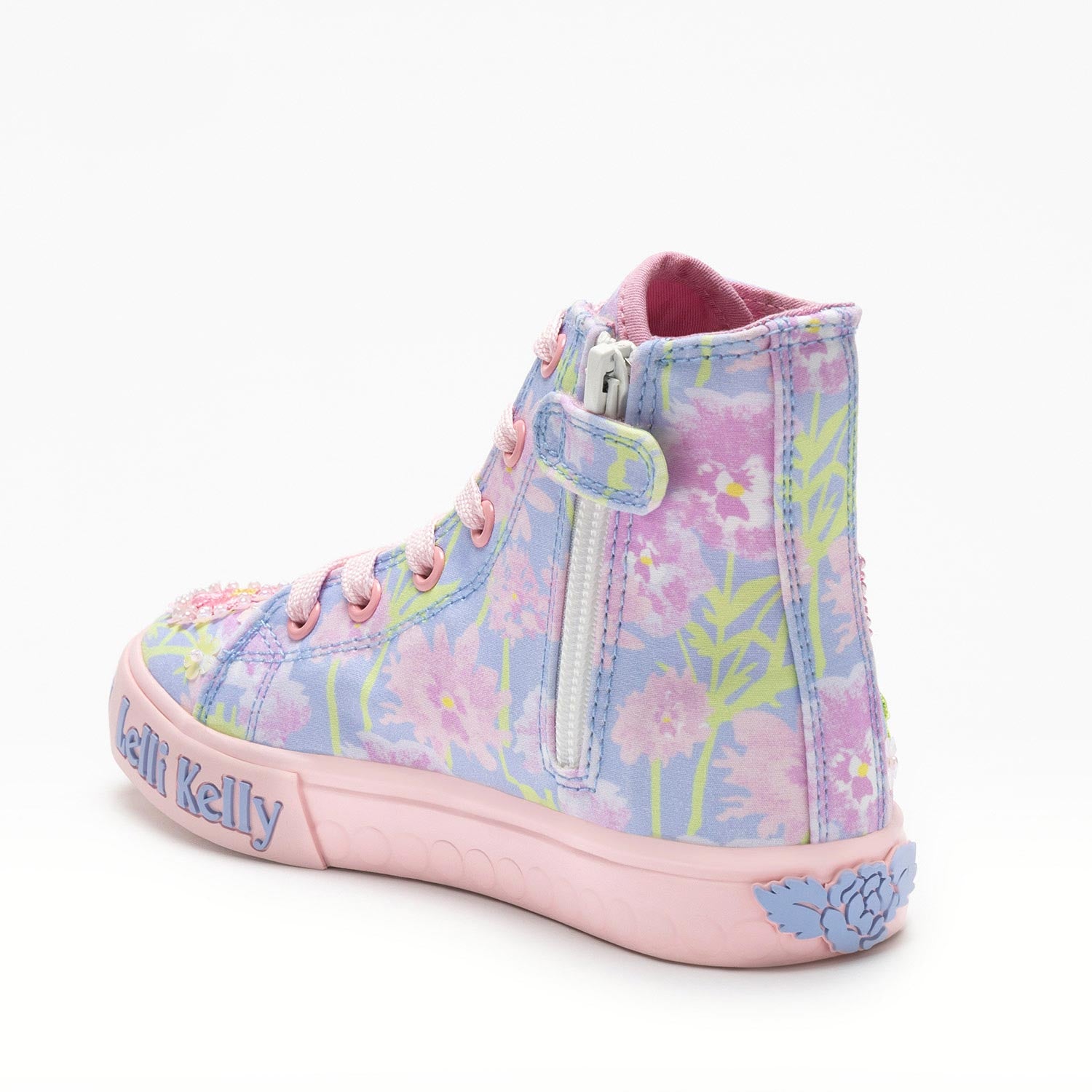 Lelli Kelly Eloise Mid Lilla Fantasia Canvas Baseball Boots with floral embroidery and beaded detailing.
