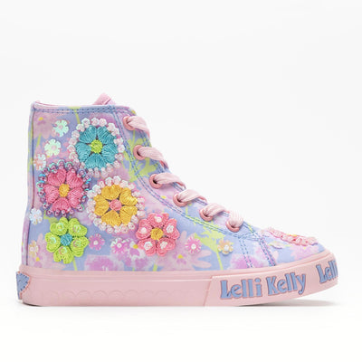 Lelli Kelly Eloise Mid Lilla Fantasia Canvas Baseball Boots with floral embroidery and beaded detailing.
