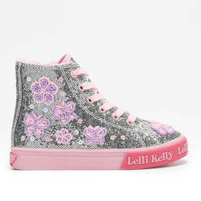 Lelli Kelly Girls Taylor Pewter Grey Baseball Boots with Pink Butterfly and Floral Detail – Autumn Winter