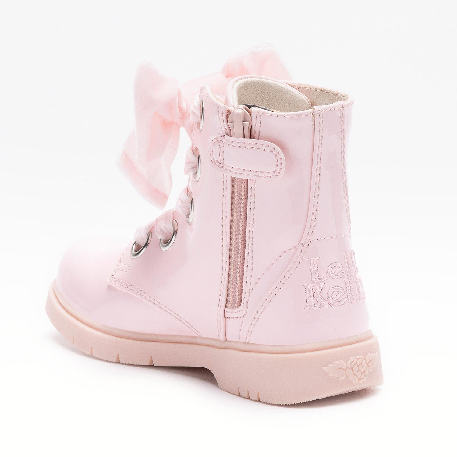 Pink patent Lelli Kelly LKHF5330 boots for girls with bow laces, interchangeable standard laces, and side zip