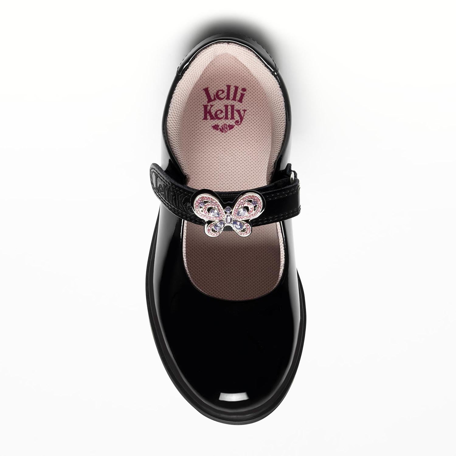 Front view of Lelli Kelly Melody 3 black patent Mary Jane school shoe with butterfly trim