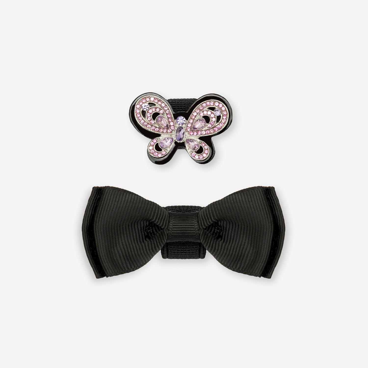 Close-up of pink and lilac diamanté butterfly and bow detail