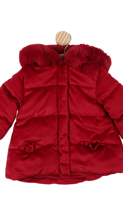 Introducing Mintini Baby's girls red velour hooded winter coat. Made with soft velour fabric and featuring a zip up design and red fur trim, this puffer style coat will keep your little one warm and stylish all winter long. Part of our autumn winter collection.