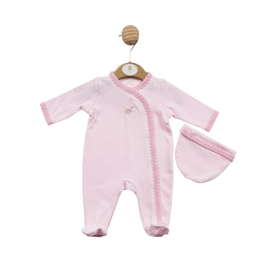 Keep your little one cosy and comfortable with this baby girls pink all in one sleepsuit with hat from Mintini Baby. This sleepsuit is constructed with high-quality materials, designed to keep your little one warm and cosy. The sleepsuit is available in premature sizes up to 6 months, providing the perfect fit.