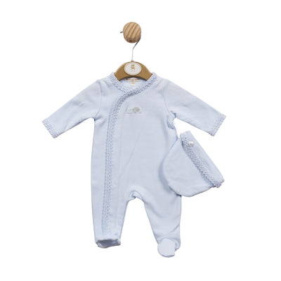 This all in one sleepsuit is perfect for your little one. It is crafted with a soft fabric blend for comfort by Mintini Baby and is available in premature sizes up to 6 months. The suit boasts a classic blue look, complete with a coordinating hat.