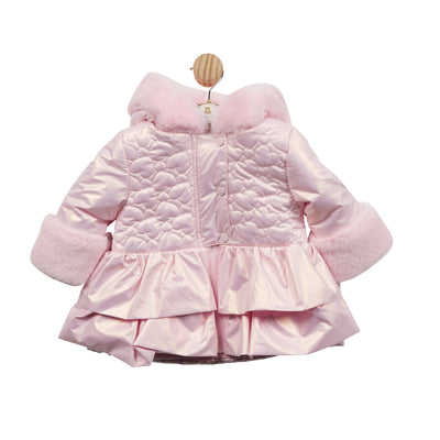 Mintini Baby presents this gorgeous girls pink winter coat with fur hood & sleeves. Crafted with the utmost care, this luxurious winter coat features a beautiful pink hue, with fur around the hood and the sleeves for extra warmth. Elegant frill edges towards the bottom and is available in sizes 3 month to 24 month. Keep your little one cosy and stylish this winter.