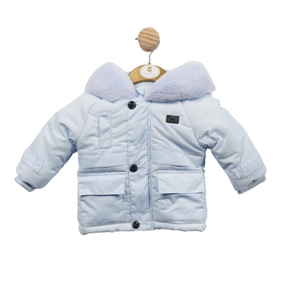 This boys blue winter coat with fur hood by Mintini Baby is the perfect accessory to keep your little one warm during the winter. The two pockets on the front provide plenty of storage space, and the fur hood will protect him from the chill. Available in sizes 3 months to 24 months.