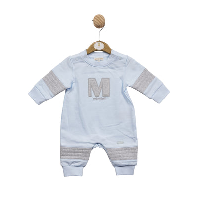 A perfect addition to any baby boy's wardrobe, this romper from Mintini Baby features a blue and grey design with the iconic M logo on the front. Crafted for comfort, it has a round neck collar and is available in sizes ranging from 3 months to 12 months.