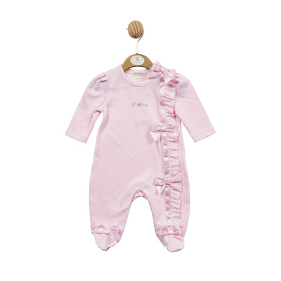A beautiful all in one sleepsuit by baby boutique brand Mintini Baby finished in a soft pink colour. This baby girls all in one sleeper has a round neck collar, with silk bows going down the side of the front, and also has two small bows on the feet. Available in sizes 1 month, 3 month & 6 month.