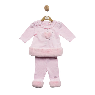 This Mintini Baby two piece fur heart legging set for little girls is the perfect way to show her style. Crafted with a soft fur heart detail and a fur trim around the ankle of the leggings. Available in sizes ranging from 3 months to 24 months.