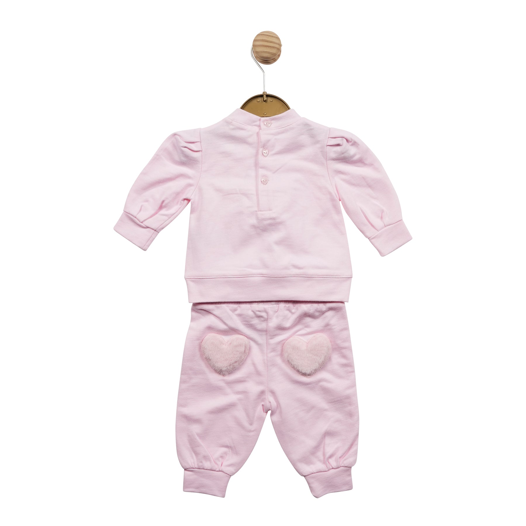 Mintini Baby, girls pink two piece jogger set, set consists of a long sleeve sweatshirt with heart shape fur detail and diamanté sequins, trousers have heart shape detail on the back, available in sizes 3 month up to 24 month