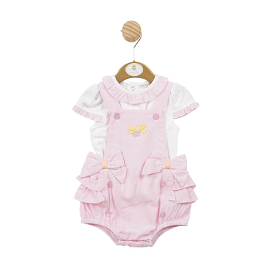 Introducing our girls white & pink striped dungaree set by Mintini Baby. This adorable set features a white & pink striped dungaree and a white t-shirt with striped detai around the arms and collar. The dungaree is accented with two bows on either side and a yellow bow in the middle. Around the back it also have a bow detail with a frilly layered gathering. Available in sizes 3 months to 24 months. Perfect for your little one's playful style.