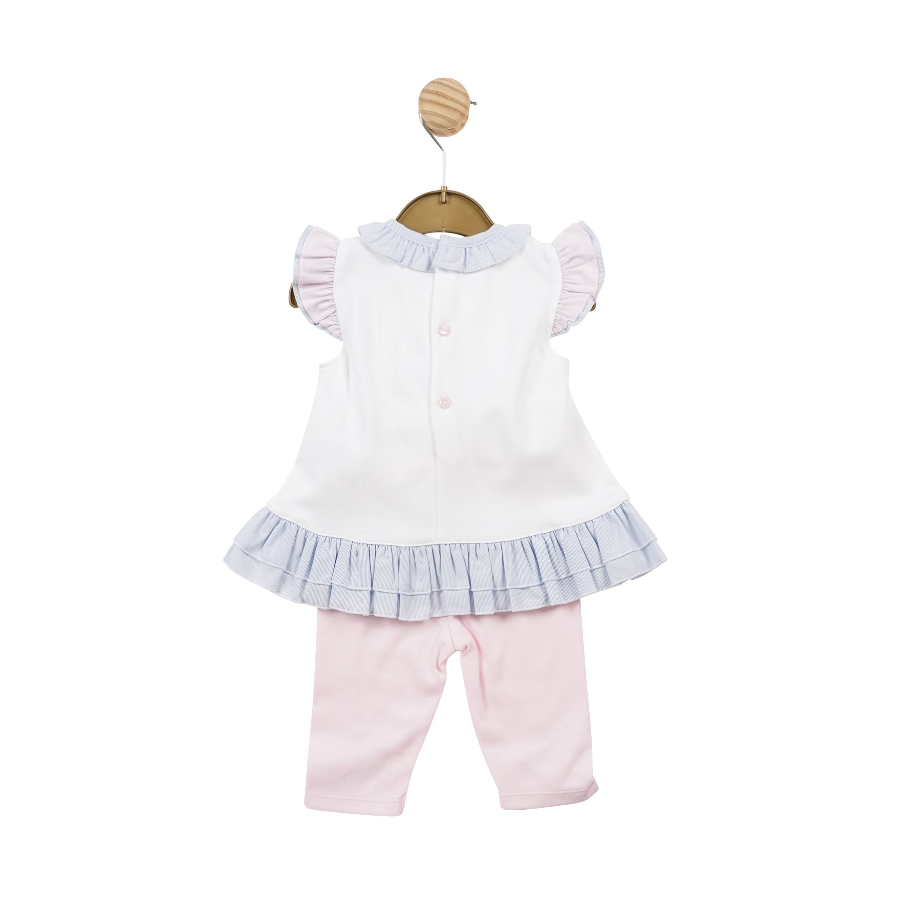 <p>This adorable girls tunic and legging set from childrens boutique brand Mintini Baby is the perfect addition to any little girl's spring and summer wardrobe. The two piece set features a white top with a blue frilly collar and pink and blue frills on the arms, and a matching blue frill around the bottom with a large bow in the middle. The pink leggings with blue bows on the ankle add the perfect finishing touch. Available in sizes 3 months up to 5 years.
