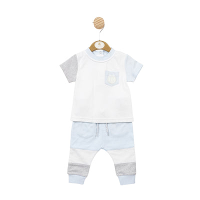 Get your little boy ready for the warmer seasons with this Mintini Baby branded two piece set. The round neck t-shirt features a stylish front pocket, and the coordinating trousers have an elasticated waistband for comfort. Available in sizes 3 months to 5 years, this set is perfect if your looking for matching boys spring / summer outfits.