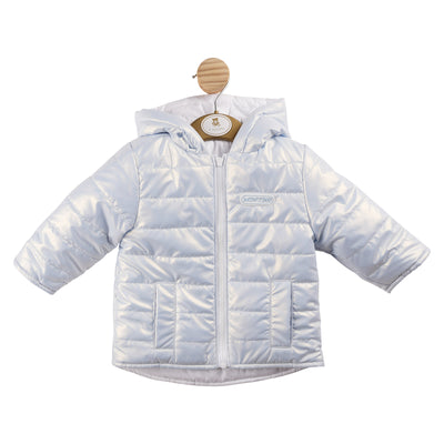 Introducing the boys reversible blue &amp; white puffer winter coat from the Mintini Baby range. This new arrival from our autumn winter collection features a hooded design, puffer style with pocket detail and a zip-up fastening. Designed for boys, it can be worn blue side out or turned inside out for a sleek white look. Available in sizes 3 months up to 5 years. Keep your little one warm and stylish all winter long.