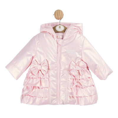 This girls iridescent pink hooded winter coat by Mintini Baby is the perfect addition to your little girls winter wardrobe. With a stylish hood, finished in a iridescent pink colour, and delicate bow and ruffle details, this coat is both fashionable and functional. Available in sizes 3 months to 5 years, it's also a great option for matching sisters.