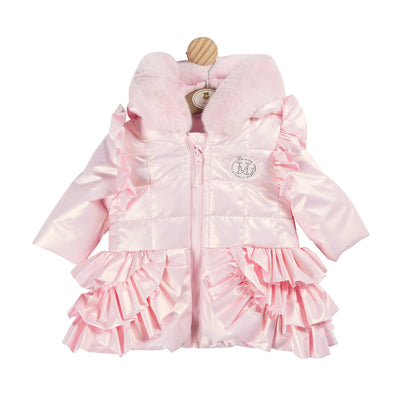 Stay stylish and warm this winter with our girls pink hooded winter coat. This iridescent pink coat features a fur-trimmed hood, ruffle detail, and a cute bow on the back. Perfect for matching sisters, sizes range from 3 months to 5 years old. From the Mintini Baby autumn/winter collection.