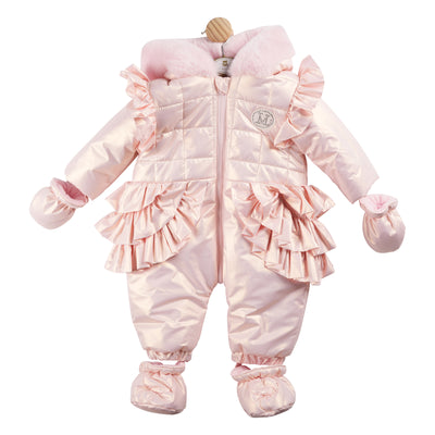 Introducing the perfect winter essential for your little girl - our new arrival; girls pink snowsuit by Mintini Baby. Designed with a fur hood and ruffle detail, it offers ultimate warmth and style. Finished in a shimmering pink colour. Zip up fastening, detachable gloves and feet, and sizes ranging from 1 month to 24 months make it both practical and cute. Keep your girl snug and stylish this autumn and winter season.