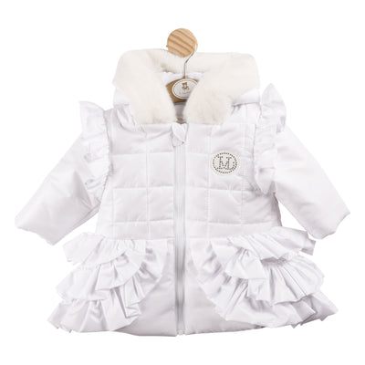 Introducing the latest addition to our collection - this girls white winter coat from Mintini Baby. Keep your little girl warm and stylish in this zip-up, fur trim hooded coat with cute ruffle detail on shoulders and across bottom. With sizes ranging from 3 months up to 5 years, it's the perfect choice for matching sister outfits.