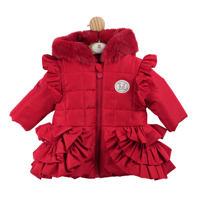 This new arrival girls red winter coat is both stylish and practical. Made from a warm and durable fabric, it features a soft fur trim around the hood and charming ruffle details on the shoulders and bottom of the coat which carry on around to the back. The zip up fastening and bow detail on the back add the perfect touch of cuteness. Available in sizes 3 months to 5 years, it's the perfect coat for keeping your little one warm this autumn / winter season.