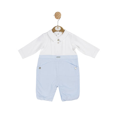 This Mintini Baby branded long sleeve romper is a smart and stylish choice for your little boy. With a classic shirt design on the top in white and legs in blue with pocket detail, this romper is perfect for the autumn/winter season. Available in sizes 3 months to 12 months.