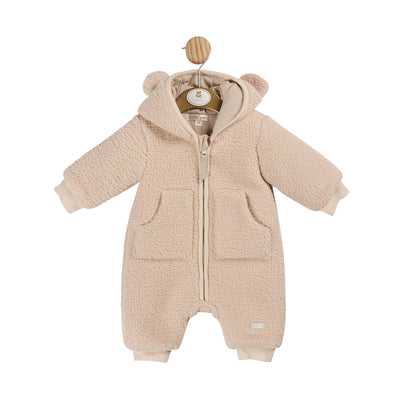 Introducing the perfect autumn/winter all in one for your little one. Our Mintini Baby branded boys beige towelling all in one is made from soft towelling fabric and features a zipper for easy dressing and a hood with small ear detailing. Available in sizes 3 months to 12 months.