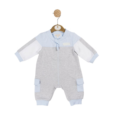 Introducing our new arrival for boys - the blue, grey &amp; white long sleeve romper by Mintini Baby. With its stylish block colour design and convenient front zip up fastening, this romper is perfect for your little one's wardrobe. Available in sizes 3 to 12 months.