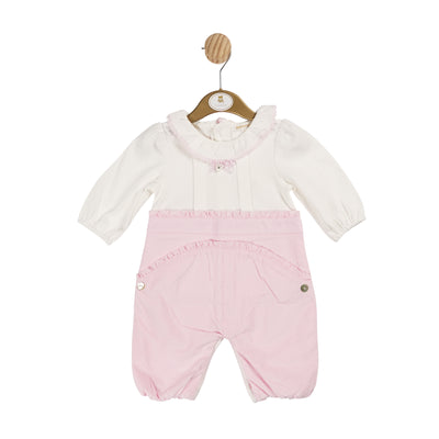 Introducing the latest addition to the Mintini Baby brand's new season autumn winter collection - this girls pink &amp; white long sleeve romper. Perfect for your little one, this romper features delicate frill detailing around the collar and waistband, with a small bow and button fastening on the reverse. Available in sizes 3 months up to 12 months.