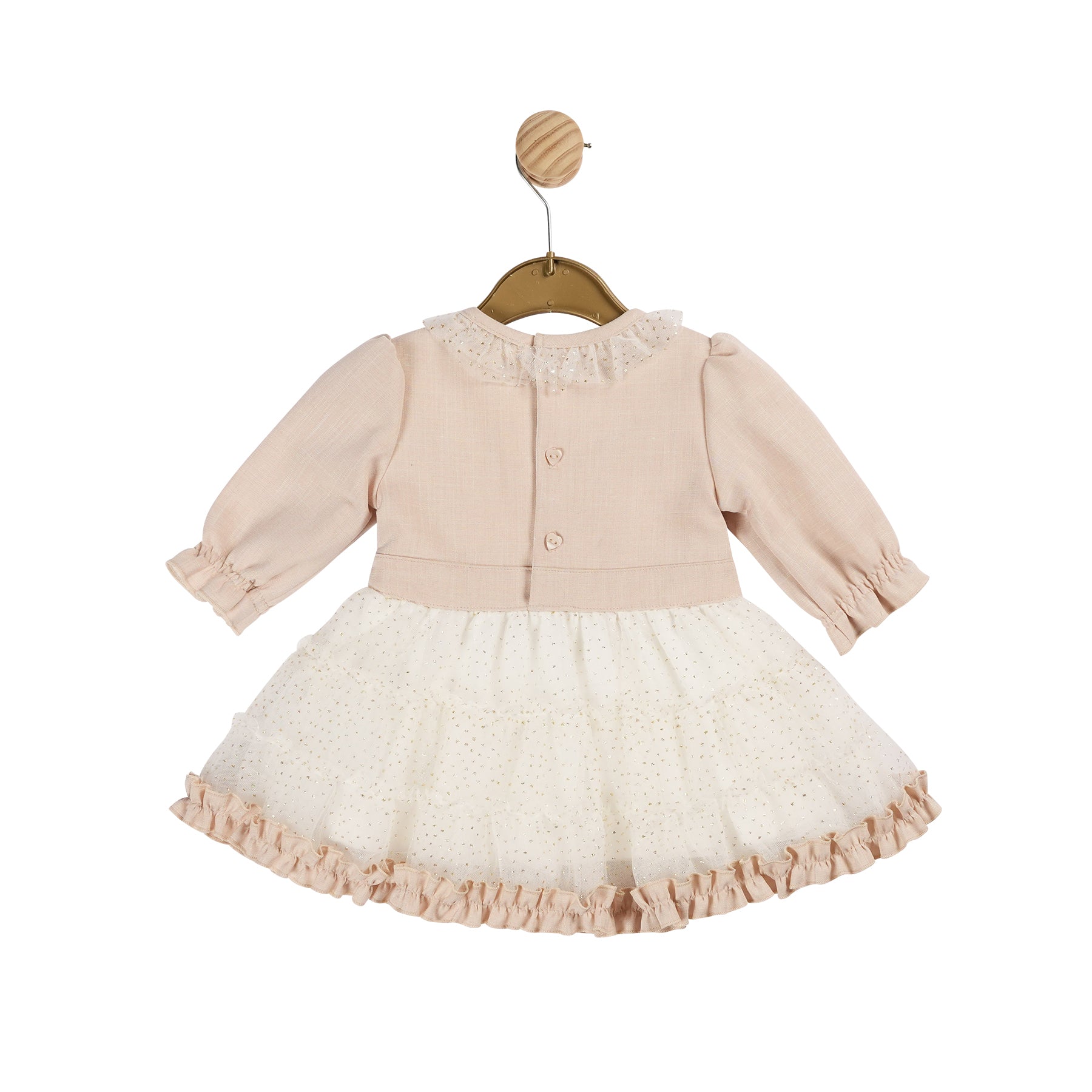 Add a touch of elegance to your little girl's wardrobe with our girls beige, ivory & gold dress. This Mintini Baby branded dress features a beautiful large bow design, gold detailing, and long sleeves for a timeless look. Perfect for any special occasion, from Christmas to birthdays. Available in sizes from 3 months up to 24 months.