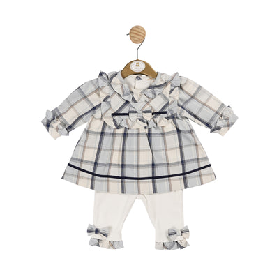 Expertly designed for your little girl, this grls blue check tunic &amp; legging set is part of Mintini Baby's autumn winter collection. Made with high-quality material, this set features a charming blue check tunic with a delicate bow detail, paired with comfortable leggings. Bow detail on ankles of legging also. Available in sizes 3 months up to 5 years old.