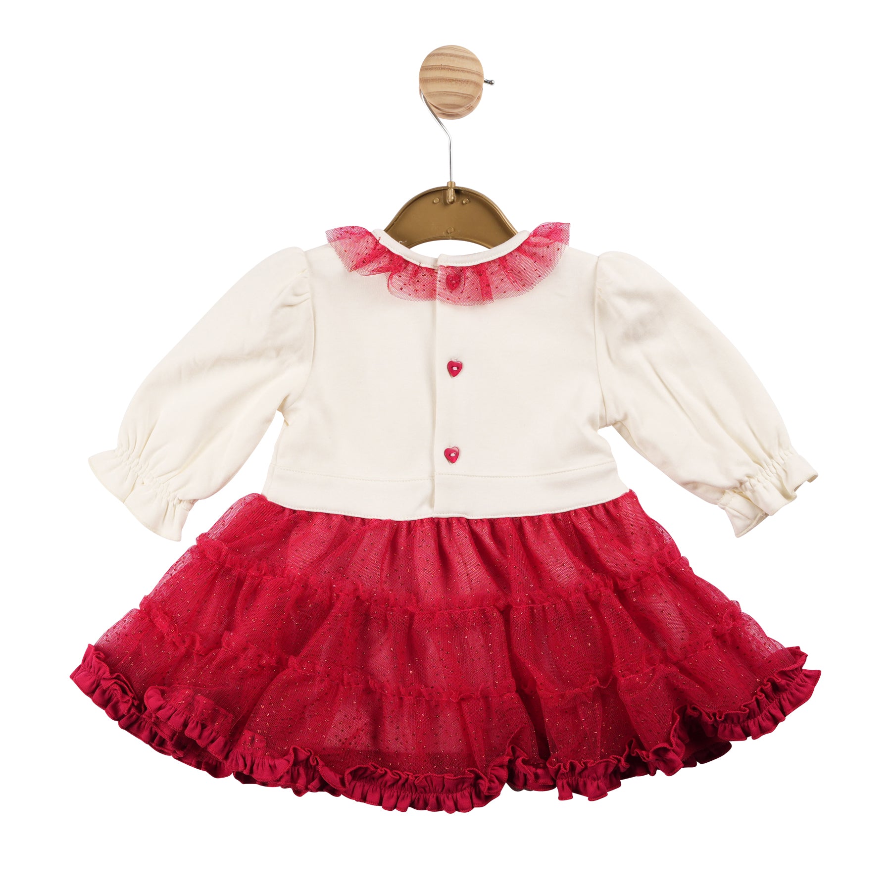 Introducing the Mintini Baby girls ivory & red dress! A new arrival in our autumn winter collection, this dress is perfect for the holiday season with its festive colours and frill lace detail around the collar. The adorable bow on the front adds a touch of charm. Available in sizes 3 months to 24 months.