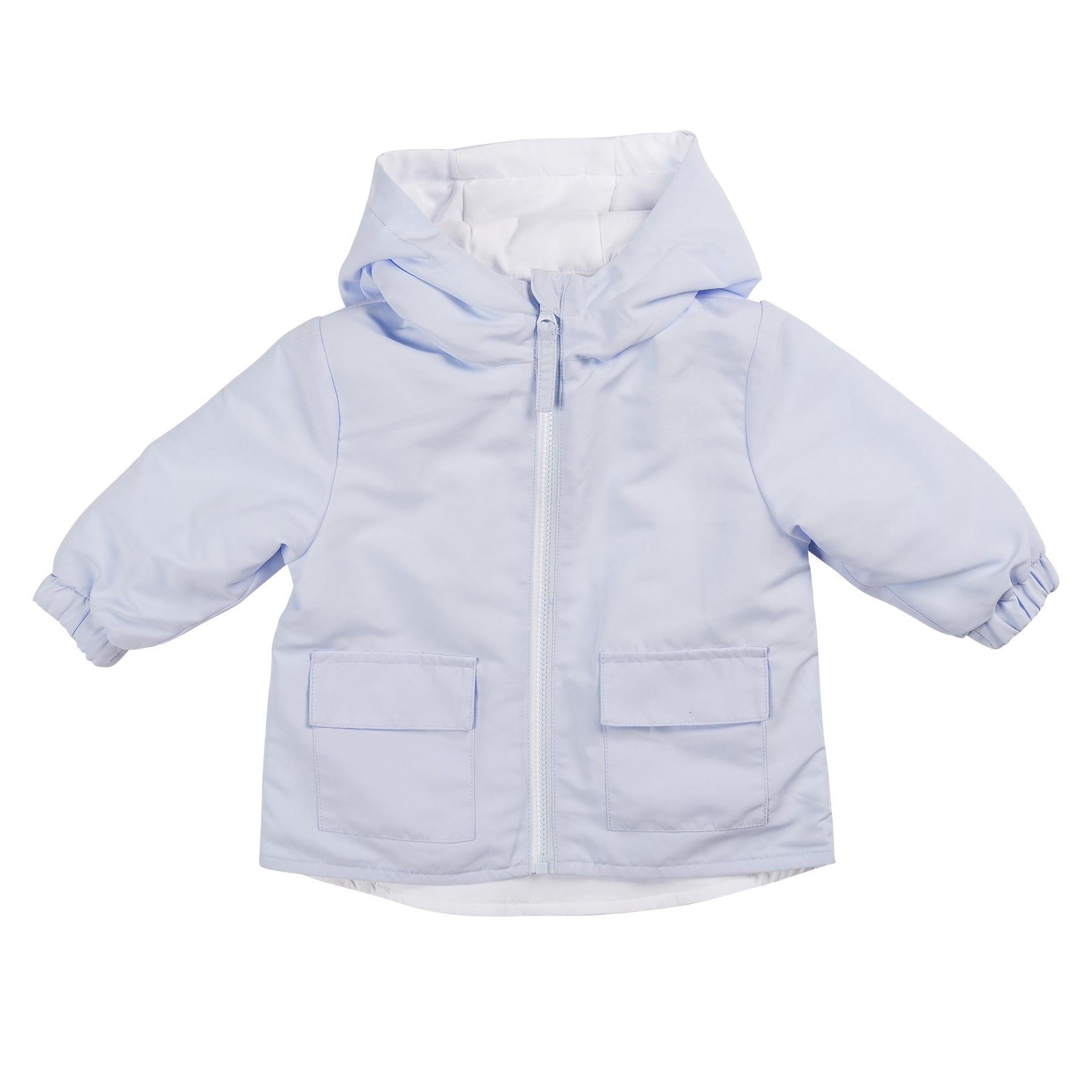 This boys 2-in-1 hooded summer coat from Mintini Baby boasts a reversible design, it is blue on one side, and turn it inside out and it is white, it is perfect for versatile styling. Made from lightweight fabric, it's ideal for the warm weather and is available in sizes 3 months up to 5 years old. Easily match siblings with this stylish spring summer collection piece.