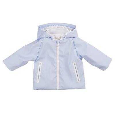 Stay stylish and cool this summer with Mintini Baby's boys blue &amp; white lightweight hooded summer coat. With a trendy design and versatile sizing from 3 months to 5 years, this jacket is perfect for matching siblings. Stay comfortable and on-trend with the white zip and lining detail. Get it now as part of our spring summer collection.