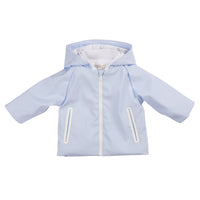 Stay stylish and cool this summer with Mintini Baby's boys blue & white lightweight hooded summer coat. With a trendy design and versatile sizing from 3 months to 5 years, this jacket is perfect for matching siblings. Stay comfortable and on-trend with the white zip and lining detail. Get it now as part of our spring summer collection.