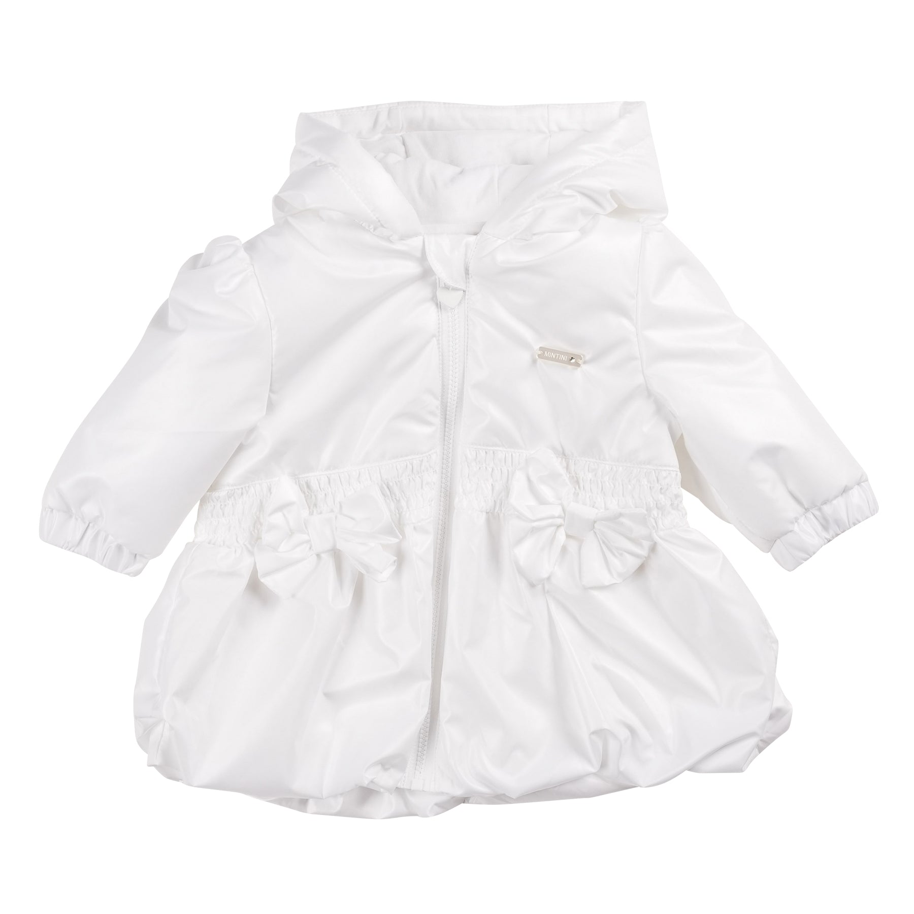 This girls white lightweight hooded summer coat from Mintini Baby is perfect for your little girl's spring and summer wardrobe. The white colour is versatile and the lightweight design is ideal for warmer weather. It features two bows on the front and one on the back, adding a touch of charm. With a zip up fastening and available in sizes 3 months to 5 years, this coat is perfect for matching sisters.