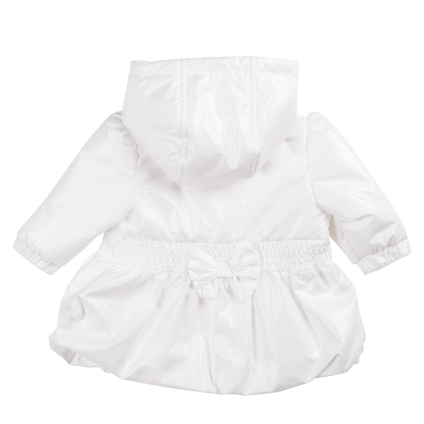 This girls white lightweight hooded summer coat from Mintini Baby is perfect for your little girl's spring and summer wardrobe. The white colour is versatile and the lightweight design is ideal for warmer weather. It features two bows on the front and one on the back, adding a touch of charm. With a zip up fastening and available in sizes 3 months to 5 years, this coat is perfect for matching sisters.