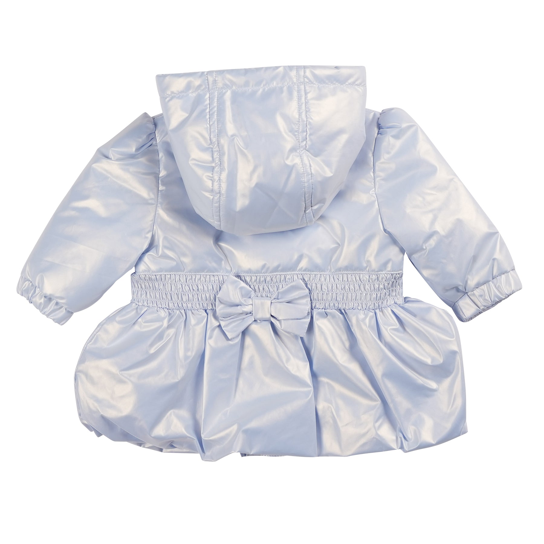 The girls blue lightweight hooded summer coat by Mintini Baby is a must-have for the spring/summer season. Featuring a soft blue colour and bow details on the front and back, this coat is not only stylish but also practical with its lightweight design and zip up fastening. Available in sizes 3 months to 5 years, it's perfect for matching girls and keeping little ones comfortable on warm days.