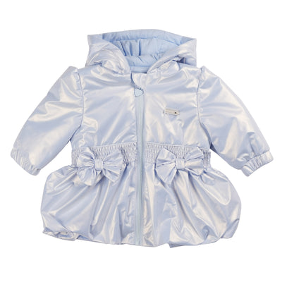 The girls blue lightweight hooded summer coat by Mintini Baby is a must-have for the spring/summer season. Featuring a soft blue colour and bow details on the front and back, this coat is not only stylish but also practical with its lightweight design and zip up fastening. Available in sizes 3 months to 5 years, it's perfect for matching girls and keeping little ones comfortable on warm days.