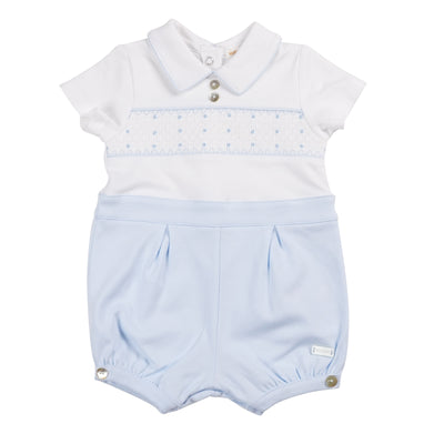 Introduce your little prince to the world in style with our Mintini Baby boys' short sleeve romper. The smocked design, collar, and button fastening on the reverse make this piece a perfect choice for any special occasion. Available in sizes 3-12 months from our new arrival spring-summer collection.