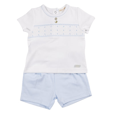 Introduce your little one to style with this Mintini Baby branded two-piece set. The white round neck top features a smocked band detail across the chest, while the matching blue shorts complete the look. Available in sizes 3 months up to 24 months, this set is part of our spring summer collection.