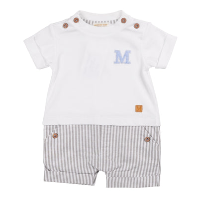 Discover the perfect addition to your little one's wardrobe with our boys white &amp; sage stripe short sleeve romper. Designed by Mintini Baby, this romper features a classic white and sage stripe design, perfect for the spring/summer season. Available in sizes 3-12 months, this romper will keep your baby looking stylish and comfortable.